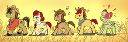 Size: 900x296 | Tagged: safe, artist:tomato-al, granny smith, happy trails, pokey oaks, prairie tune, sew 'n sow, earth pony, pony, g4, apple family, apple family member, eyes closed, lidded eyes, music notes, no catchlights, profile