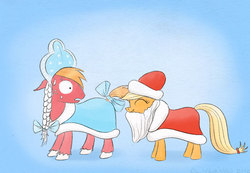 Size: 720x498 | Tagged: safe, artist:el-yeguero, applejack, big macintosh, earth pony, pony, g4, crossdressing, ded moroz, male, ribbon, russian, santa claus, snegurochka, stallion