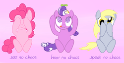 Size: 900x456 | Tagged: safe, artist:hip-indeed, derpy hooves, pinkie pie, screwball, pegasus, pony, g4, female, mare, three wise monkeys