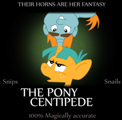 Size: 608x600 | Tagged: safe, artist:sasfalcon, snails, snips, pony, unicorn, g4, magic duel, colt, conjoined by horn, horn, male, parody, the human centipede