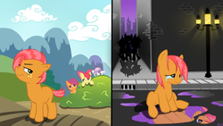 Size: 900x506 | Tagged: safe, artist:minthasumy, apple bloom, babs seed, scootaloo, sweetie belle, g4, one bad apple, babsbuse, bullying, bush, crying, cutie mark crusaders, female, filly, foal, manehattan, ponyville, sad, shadow, street, teary eyes, tragedy, tragic
