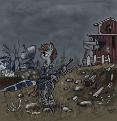 Size: 1024x1059 | Tagged: safe, artist:agm, oc, oc only, oc:littlepip, pony, unicorn, semi-anthro, fallout equestria, bandage, bipedal, bygone civilization, clothes, cloud, cloudy, colored hooves, dead tree, equestrian wasteland, fanfic, fanfic art, female, gun, hooves, horn, jumpsuit, mare, optical sight, pipbuck, rifle, ruins, solo, tree, vault suit, wasteland, weapon