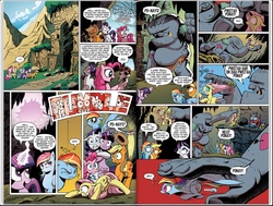 Size: 1244x942 | Tagged: safe, artist:andy price, idw, official comic, applejack, cave troll jim, fluttershy, pinkie pie, rainbow dash, rarity, twilight sparkle, cave troll, diamond dog, earth pony, pegasus, pony, unicorn, g4, official, the return of queen chrysalis, spoiler:comic, spoiler:comic02, bone, brony, brushie, cameo, comic, dead, female, idw advertisement, mane six, mare, optimus prime, preview, scared, shrunken pupils, skull, statue, transformers