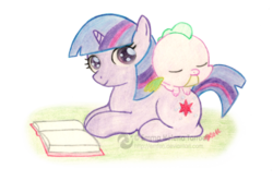 Size: 600x398 | Tagged: safe, artist:emfen, spike, twilight sparkle, g4, baby dragon, baby spike, book, cute, filly, filly twilight sparkle, looking at you, prone, simple background, smiling, transparent background