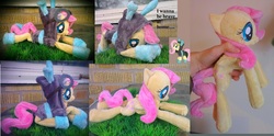 Size: 7512x3728 | Tagged: safe, artist:epicrainbowcrafts, fluttershy, pegasus, pony, g4, beanie (plushie), bunny ears, clothes, dangerous mission outfit, female, goggles, grass, hoodie, irl, mare, multiple views, outdoors, photo, plushie, solo