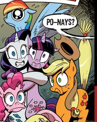 Size: 243x307 | Tagged: safe, idw, official comic, applejack, fluttershy, pinkie pie, rainbow dash, rarity, twilight sparkle, pony, g4, official, the return of queen chrysalis, spoiler:comic, faic, scared