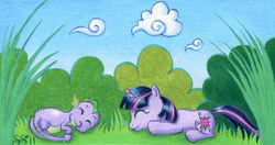 Size: 1457x767 | Tagged: safe, artist:alipes, spike, twilight sparkle, g4, baby, baby dragon, baby spike, filly, filly twilight sparkle, foal, mama twilight