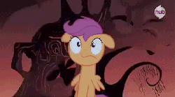 Size: 600x335 | Tagged: safe, screencap, scootaloo, pegasus, pony, g4, season 3, sleepless in ponyville, animated, bipedal, female, filly, foal, hub logo, red sky, scary tree, solo, spinning, tree