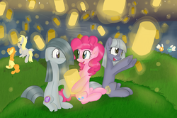 Size: 3264x2170 | Tagged: safe, artist:marisalle, carrot top, derpy hooves, golden harvest, limestone pie, marble pie, pinkie pie, earth pony, parasprite, pegasus, pony, g4, crossover, disney, female, lantern, mare, paper lantern, pie sisters, tangled (disney)