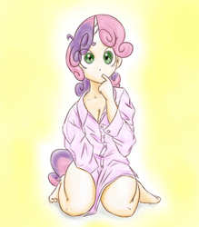 Size: 700x800 | Tagged: safe, artist:flowersimh, sweetie belle, human, g4, bottomless, breasts, cleavage, clothes, cute, diasweetes, eye clipping through hair, female, horn, horned humanization, humanized, kneeling, oversized clothes, oversized shirt, shirt, sitting, solo, tailed humanization, teenager