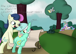 Size: 1400x1000 | Tagged: safe, artist:rodolfomushi, bon bon, derpy hooves, lyra heartstrings, princess celestia, sweetie drops, alicorn, earth pony, pegasus, pony, g4, atheism, bench, bon bon is not amused, female, mare, pinklestia, sitting lyra, trollestia, trollface