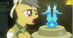 Size: 701x372 | Tagged: safe, screencap, daring do, pony, g4, read it and weep, animated, biting, cropped, female, hub logo, male, mouth hold, sapphire statue, statue