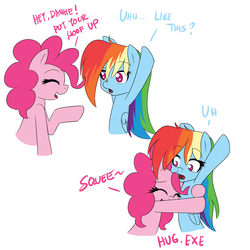 Size: 1000x1000 | Tagged: safe, artist:reikomuffin, pinkie pie, rainbow dash, g4, comic, eyes closed, female, hug, hug.exe, lesbian, looking down, ship:pinkiedash, shipping, squeal, squee