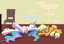 Size: 800x550 | Tagged: safe, artist:reikomuffin, applejack, princess celestia, g4, on back, sleeping