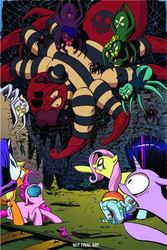 Size: 300x450 | Tagged: safe, artist:andypriceart, idw, official comic, applejack, f'wuffy, fluttershy, pinkie pie, rainbow dash, rarity, twilight sparkle, earth pony, pegasus, pony, spider, tarantula, unicorn, g4, the return of queen chrysalis, spoiler:comic, spoiler:comic02, covering eyes, crying, cutie mark, derpy spider, eyepatch, female, fluttershy being fluttershy, hat, male, mare, scared, textless, top hat, unicorn twilight