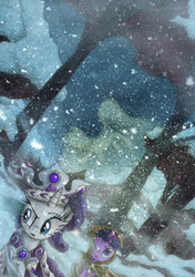 Size: 1600x2267 | Tagged: safe, artist:hewison, clover the clever, princess platinum, rarity, twilight sparkle, g4, hearth's warming eve (episode), blizzard, clothes, hearth's warming eve, scene interpretation, snow, snowfall