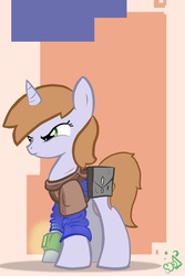 Size: 697x1042 | Tagged: safe, artist:jump-cut, oc, oc only, oc:littlepip, pony, unicorn, fallout equestria, abstract background, clothes, fanfic, fanfic art, female, hooves, horn, jumpsuit, mare, pipbuck, saddle bag, solo, vault suit