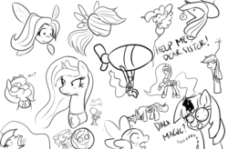 Size: 1280x838 | Tagged: safe, artist:reikomuffin, applejack, pinkie pie, princess celestia, princess luna, rainbow dash, spike, twilight sparkle, pony, g4, monochrome, woona