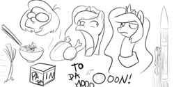 Size: 1280x640 | Tagged: safe, artist:reikomuffin, princess celestia, princess luna, scootaloo, g4, monochrome