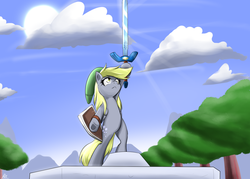 Size: 1280x914 | Tagged: safe, artist:reikomuffin, derpy hooves, pegasus, pony, g4, bipedal, crossover, epic derpy, female, link, mare, master sword, nintendo, shield, sword, the legend of zelda