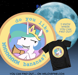 Size: 885x855 | Tagged: safe, artist:hinoraito, princess celestia, princess luna, alicorn, pony, g4, official, clothes, do you like bananas?, female, friendship is magic bitch, mare, megaphone, merchandise, moon, shirt, t-shirt, to the moon, welovefine