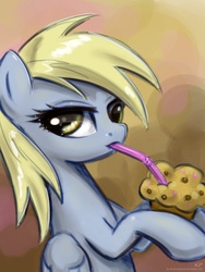 Size: 750x1000 | Tagged: safe, artist:kp-shadowsquirrel, derpy hooves, pegasus, pony, g4, drinking, female, mare, muffin, solo, straw