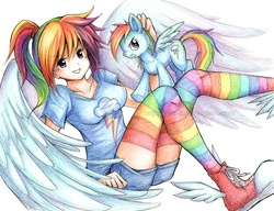 Size: 850x654 | Tagged: safe, artist:qiisnii, rainbow dash, human, g4, clothes, converse, female, humanized, plushie, rainbow socks, shoes, socks, solo, striped socks, traditional art, winged humanization, winged shoes