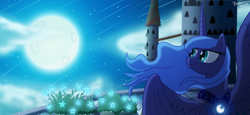 Size: 1400x644 | Tagged: safe, artist:bonaxor, princess luna, pony, g4, female, flower, happy, moon, solo, tower