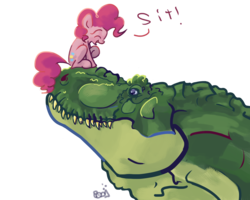 Size: 1280x1024 | Tagged: safe, artist:jump-cut, gummy, pinkie pie, dinosaur, earth pony, pony, tyrannosaurus rex, g4, badass, dinosaurified, eyes closed, happy, open mouth, ponies riding dinosaurs, raised hoof, riding, simple background, sitting, smiling, species swap, transparent background, tyrannosaurus
