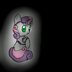 Size: 1000x1000 | Tagged: safe, artist:mykittyjasper, sweetie belle, pony, robot, robot pony, unicorn, g4, female, filly, foal, hooves, horn, looking back, sitting, solo, sweetie bot