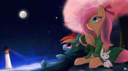 Size: 1960x1080 | Tagged: safe, artist:dshou, angel bunny, fluttershy, rainbow dash, pegasus, pony, g4, clothes, cup, duo, female, full moon, hoof hold, lighthouse, mare, moon, night, night sky, on back, sitting, sky, tree