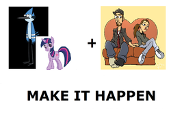 Size: 1080x740 | Tagged: safe, artist:jjar01, twilight sparkle, human, g4, all caps, exploitable meme, female, make it happen, male, mare, meme, meta, mordecai, nostalgia chick, nostalgia critic, regular show, ship:mordetwi