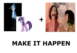 Size: 1080x740 | Tagged: safe, twilight sparkle, g4, all caps, exploitable meme, female, gotye, it happened, kimbra, make it happen, male, mare, meme, meta, mordecai, mordetwi satire, regular show, ship:mordetwi, somebody that i used to know