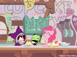 Size: 500x370 | Tagged: safe, artist:tenaflyviper, pinkie pie, g4, animated, chowder, crossover, cupcake, food, gir, invader zim, party
