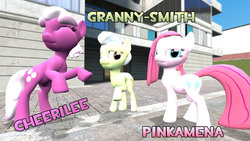 Size: 1191x670 | Tagged: safe, artist:gonzalolog, cheerilee, granny smith, pinkie pie, g4, 3d, downloadable, gmod, pinkamena diane pie, source filmmaker resource