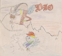 Size: 900x814 | Tagged: safe, artist:mortuaryjoe, discord, rainbow dash, g4, album cover, dio, heavy metal, holy diver, murray, parody, ponified, ponified album cover