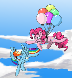 Size: 800x858 | Tagged: safe, artist:himanuts, pinkie pie, rainbow dash, g4, balloon, flying, then watch her balloons lift her up to the sky