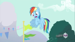Size: 1366x768 | Tagged: safe, screencap, rainbow dash, pegasus, pony, g4, magic duel, season 3, animation error, blue coat, blue fur, blue wings, ear, female, flying, frown, hub logo, logo, magenta eyes, mare, multicolored hair, open mouth, rainbow hair, rainbow tail, shocked, shocked expression, solo, tail, the hub, wide eyes, wings
