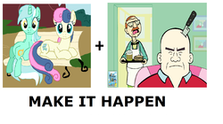 Size: 1323x740 | Tagged: safe, bon bon, lyra heartstrings, sweetie drops, g4, all caps, exploitable meme, gus duncz, make it happen, meme, meta, mission hill, sitting lyra, wally langford