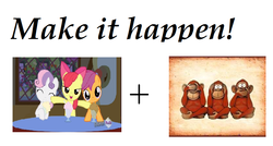 Size: 845x452 | Tagged: safe, apple bloom, scootaloo, sweetie belle, g4, cutie mark crusaders, exploitable meme, make it happen, milkshake, three wise monkeys