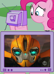 Size: 563x771 | Tagged: safe, pinkie pie, earth pony, pony, g4, bumblebee (transformers), exploitable meme, hub logo, meme, no mouth, transformers, tv meme