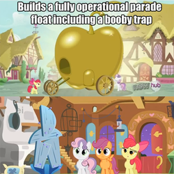 Size: 403x403 | Tagged: safe, edit, edited screencap, screencap, apple bloom, scootaloo, sweetie belle, g4, one bad apple, stare master, caption, cutie mark crusaders, float, hub logo, image macro, table, you had one job