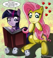 Size: 550x612 | Tagged: safe, artist:xjkenny, fluttershy, twilight sparkle, g4, :3, book, heart, marshmallow, speech