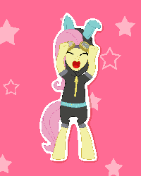 Size: 400x500 | Tagged: safe, artist:tomdantherock, part of a set, fluttershy, pegasus, pony, g4, animated, bipedal, bunny ears, caramelldansen, clothes, cute, dangerous mission outfit, eyes closed, female, goggles, hoodie, loop, mare, open mouth, shyabetes, smiling, solo