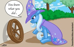 Size: 720x460 | Tagged: safe, artist:texasuberalles, trixie, g4, angry, wheel, wheels trixie