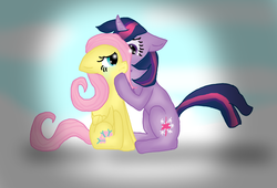 Size: 867x591 | Tagged: safe, artist:memew1234, fluttershy, twilight sparkle, pony, unicorn, g4, crying, female, floppy ears, lesbian, ms paint, ship:twishy, shipping, unicorn twilight