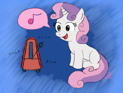 Size: 792x600 | Tagged: safe, artist:wolf-fairy, sweetie belle, pony, g4, female, metronome, music notes, singing, sitting, solo