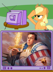 Size: 563x771 | Tagged: safe, applejack, human, pony, g4, exploitable meme, glasses, meme, rainbow dash salutes, salute, stephen colbert, tv meme