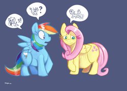 Size: 1280x914 | Tagged: safe, artist:bluntwhiskey, fluttershy, rainbow dash, dracony, hybrid, pegasus, pony, g4, blue background, eyelashes, eyes closed, female, frown, looking down, mare, offspring, open mouth, pictogram, preggo dash, preggoshy, pregnant, raised hoof, simple background, smiling, speech bubble, spread wings, wide eyes, wings