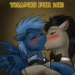 Size: 750x750 | Tagged: safe, artist:jitterbugjive, doctor whooves, star hunter, time turner, pegasus, pony, ask discorded whooves, g4, blushing, crossover, discord whooves, doctor who, gay, jack harkness, kiss on the lips, kissing, male, shipping, stallion, stardoc, the doctor, torchwood